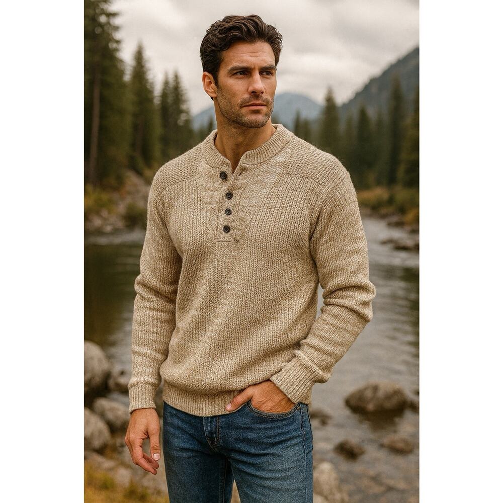 Vintage Midwest Traders Fisherman Oversized Sweater Henley Beige Birdseye Sz M